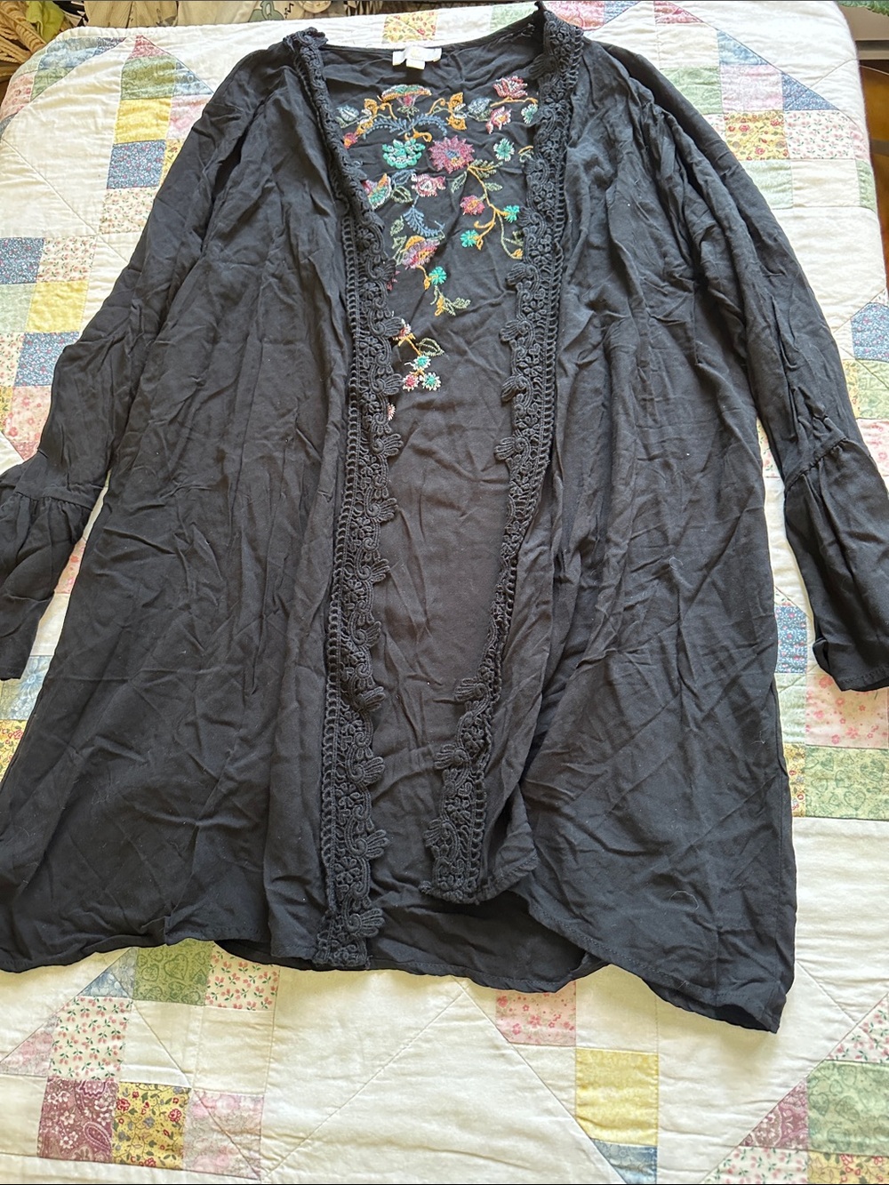 Embroidered Black Open-Front Cardigan